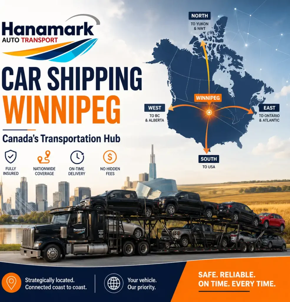 Hanamark Auto Transport car shipping truck loaded with vehicles against the Winnipeg skyline. A map displays Winnipeg as Canada’s transportation hub with arrows connecting logistics routes to BC, Alberta, Yukon, USA, Ontario, and Atlantic provinces.