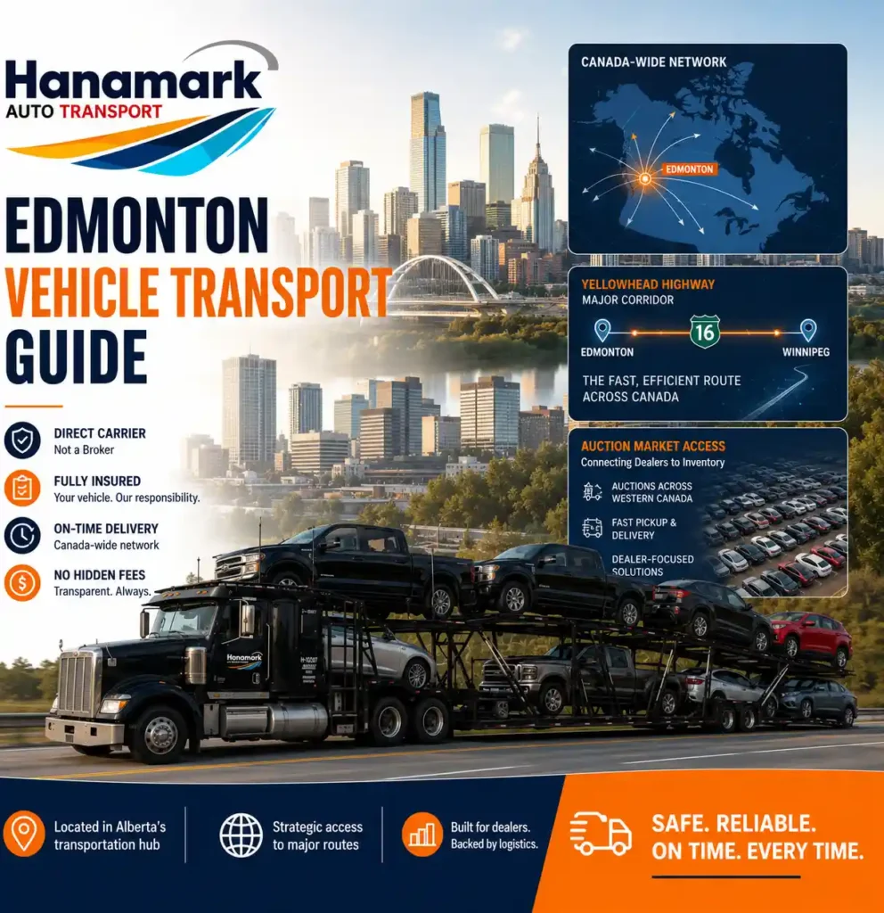 Hanamark Auto Transport car hauling truck against the Edmonton skyline. Features a logistics map of the Yellowhead Highway Route 16 corridor connecting Edmonton to Winnipeg, alongside vehicle auction lots in Western Canada.