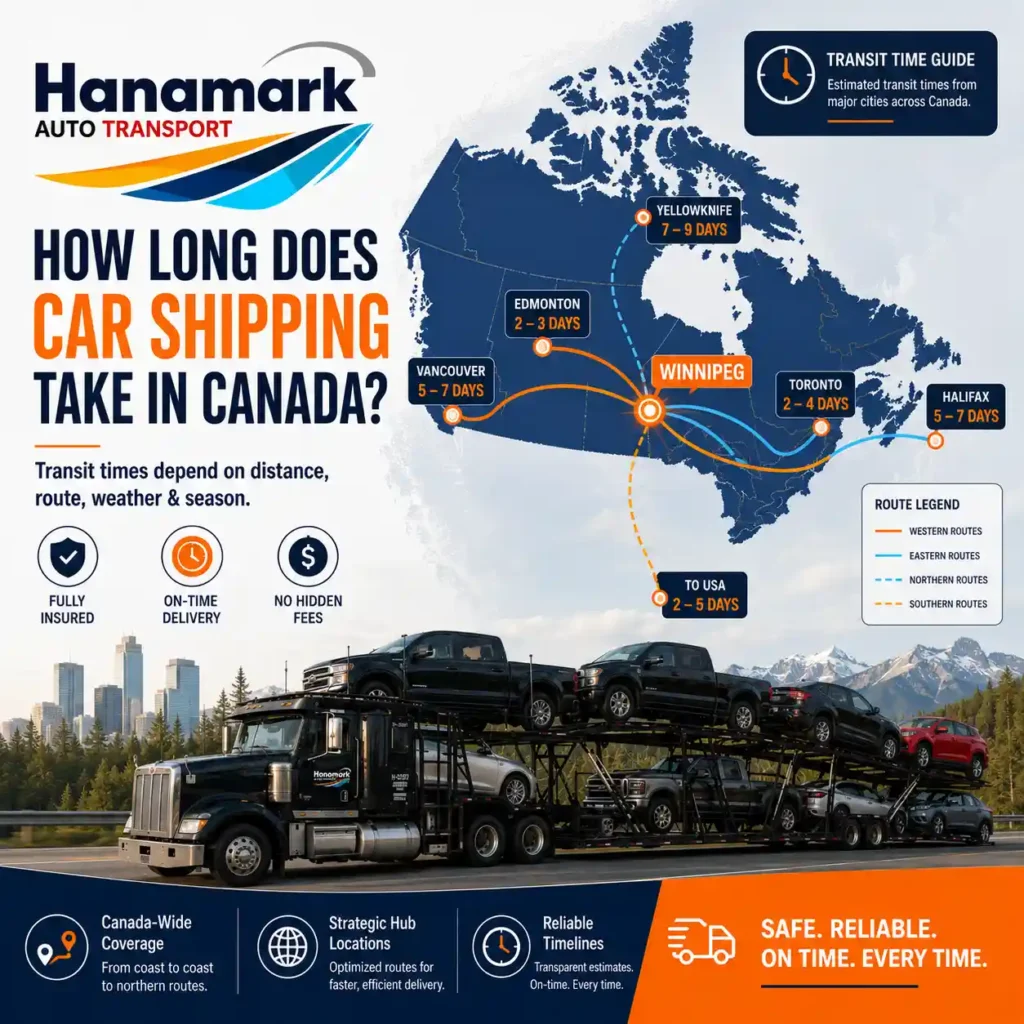 Hanamark Auto Transport transit time guide infographic featuring a Canada route map with estimated car shipping delivery timelines. Includes specific ranges like 5-7 days to Vancouver, 2-3 days to Edmonton, 2-4 days to Toronto, and a multi-car carrier truck traveling through a forested highway.