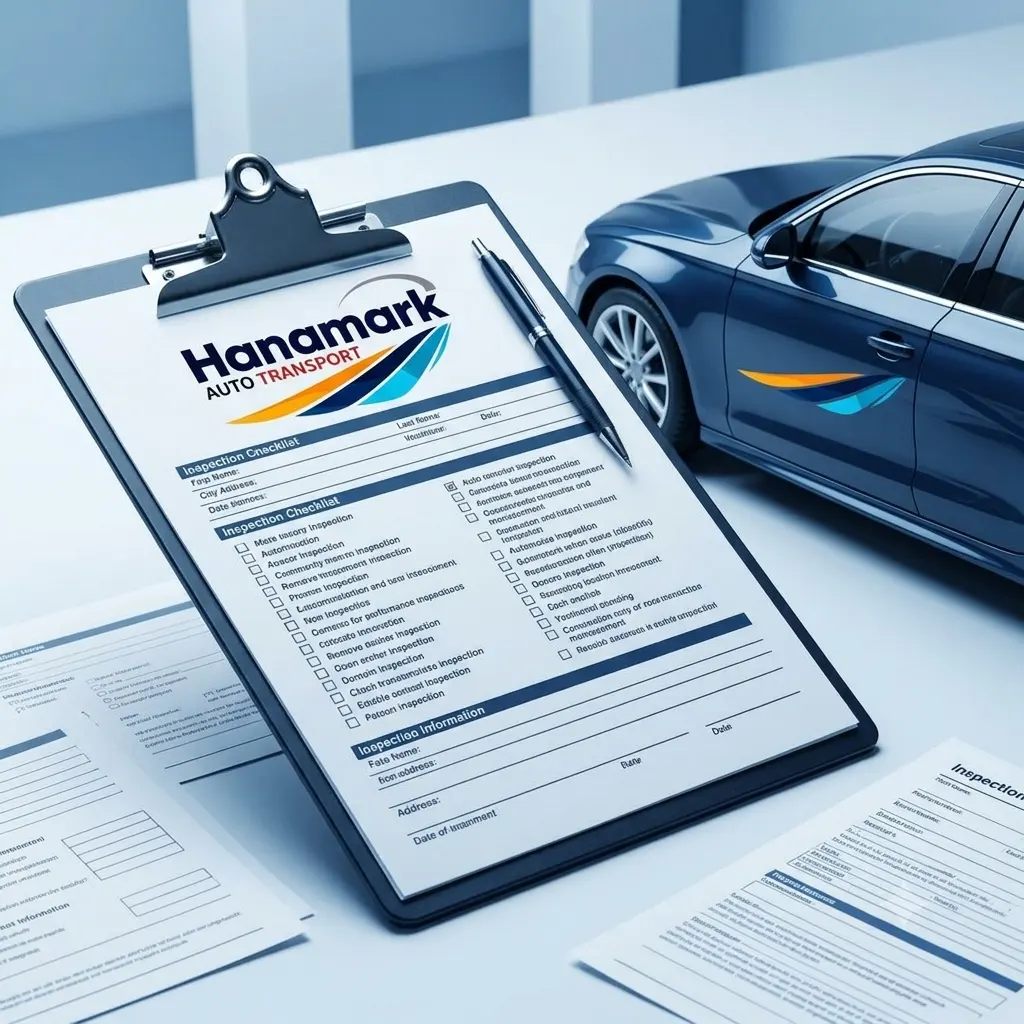 Hanamark Auto Transport vehicle inspection checklist and bill of lading document clipboards next to a blue car in Canada.