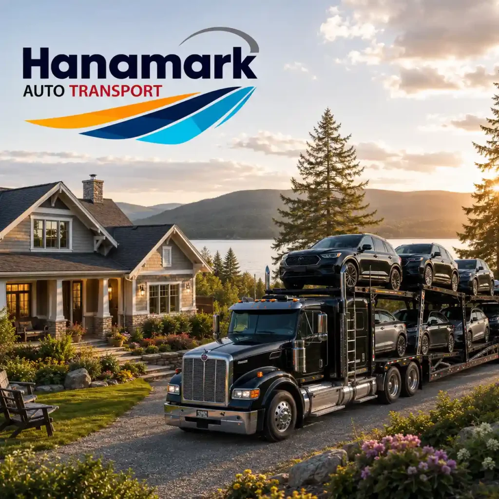 A black Hanamark Auto Transport carrier truck loaded with multiple SUVs driving up the driveway of a beautiful suburban home near a lake at sunset. The image illustrates reliable, door-to-door vehicle transport for seniors relocating in Canada.