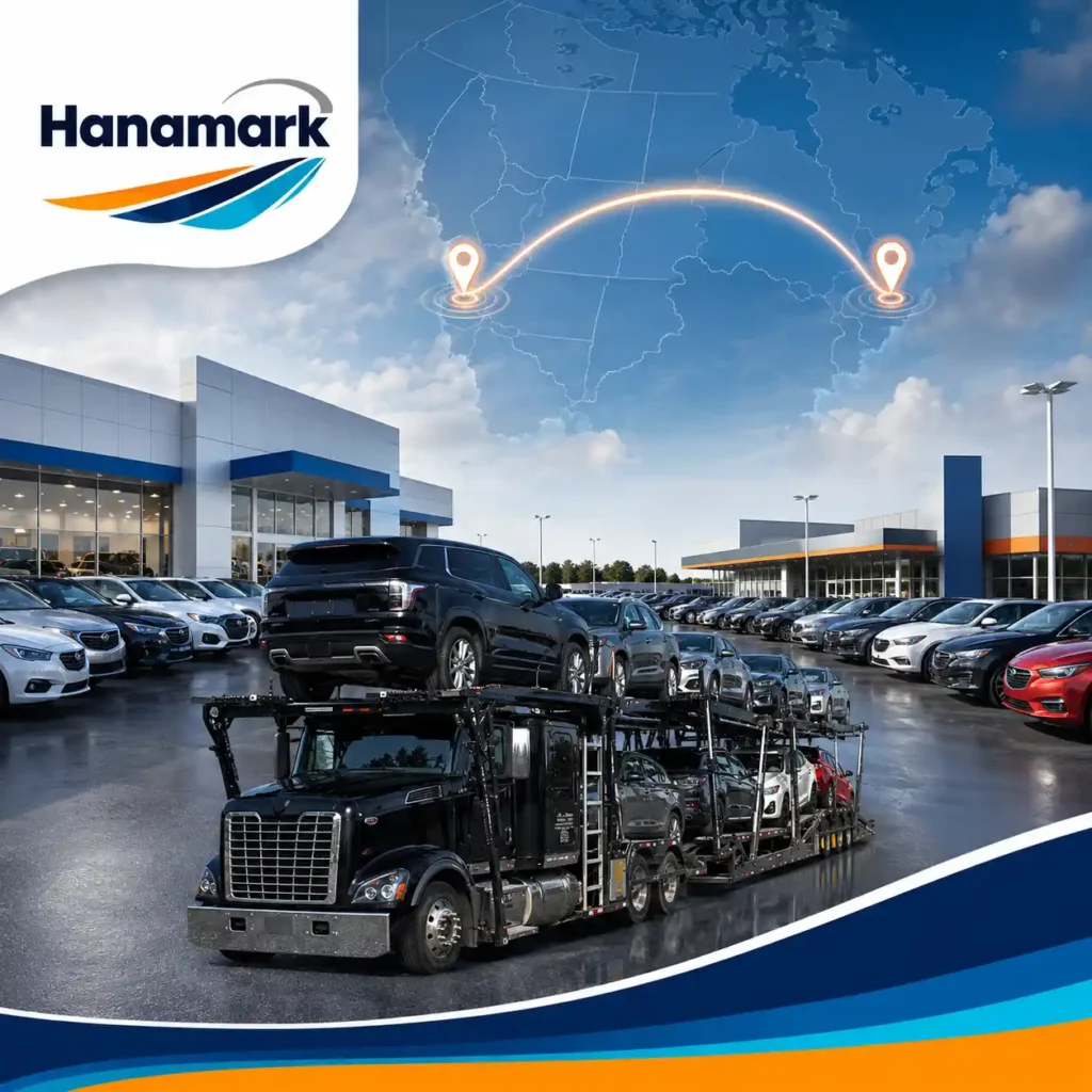 A Hanamark car transport carrier truck loaded with multiple SUVs and sedans parked at an outdoor automotive dealership lot. Above the lot, a glowing digital map of Canada highlights two location pins connected by a transport route arc, illustrating dealer-to-dealer car transport in Canada.