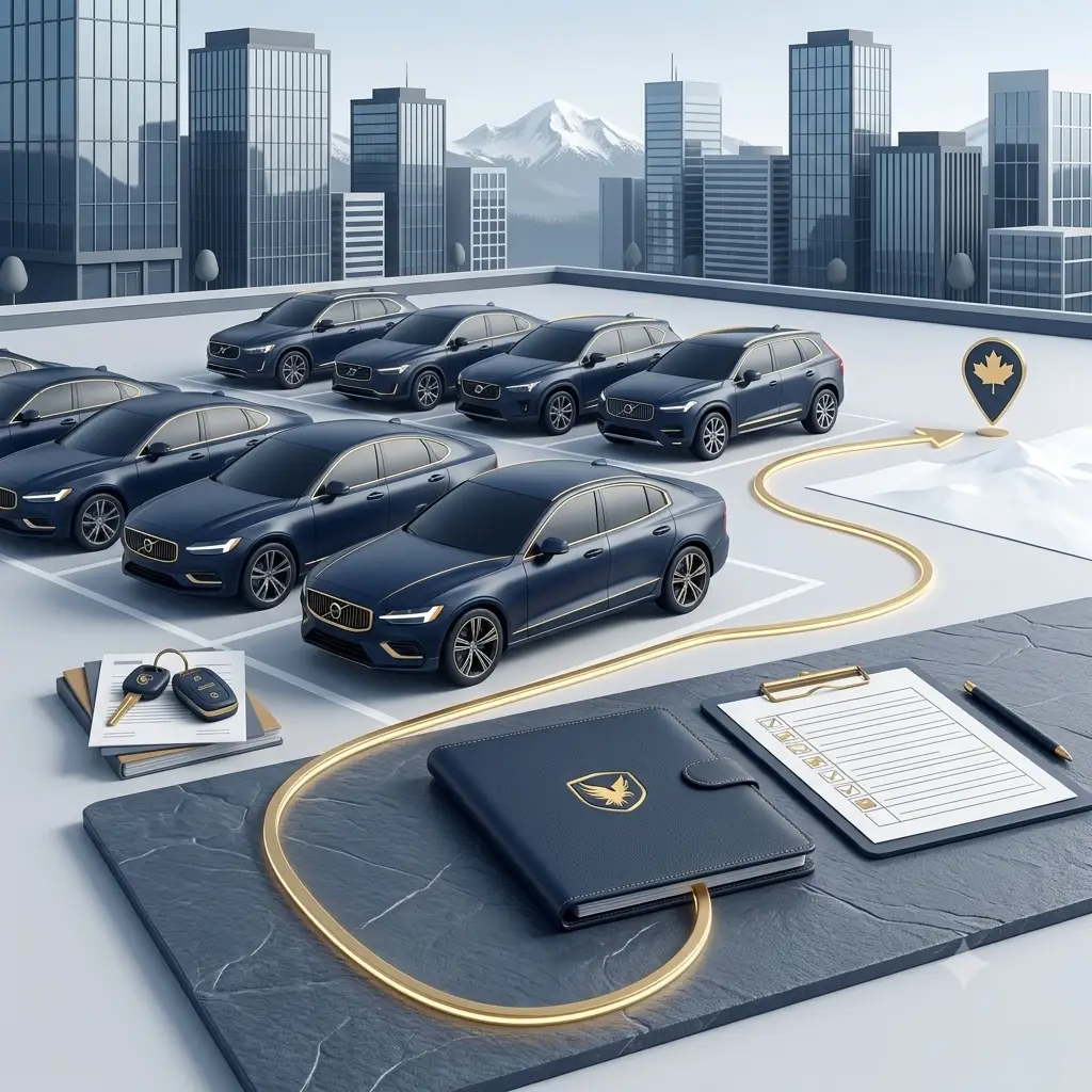 Graphic of a fleet of blue commercial cars in a transport terminal with a Canadian map pin tracking route and clipboard documents.