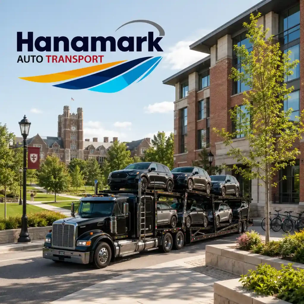 A black Hanamark Auto Transport multi-car haulage truck loaded with SUVs and sedans parked on a brick road next to modern university campus buildings. A historic collegiate tower stands in the background under a blue sky, illustrating student car shipping services in Canada.