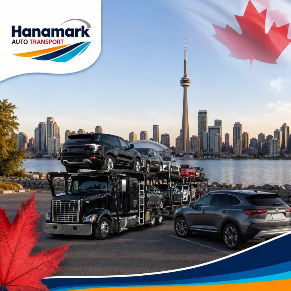 A black Hanamark Auto Transport carrier truck loaded with vehicles parked by the waterfront, with the Toronto skyline and CN Tower in the background. Red Canadian maple leaves frame the top right and bottom left corners, illustrating domestic interprovincial vehicle transport for new immigrants in Canada.