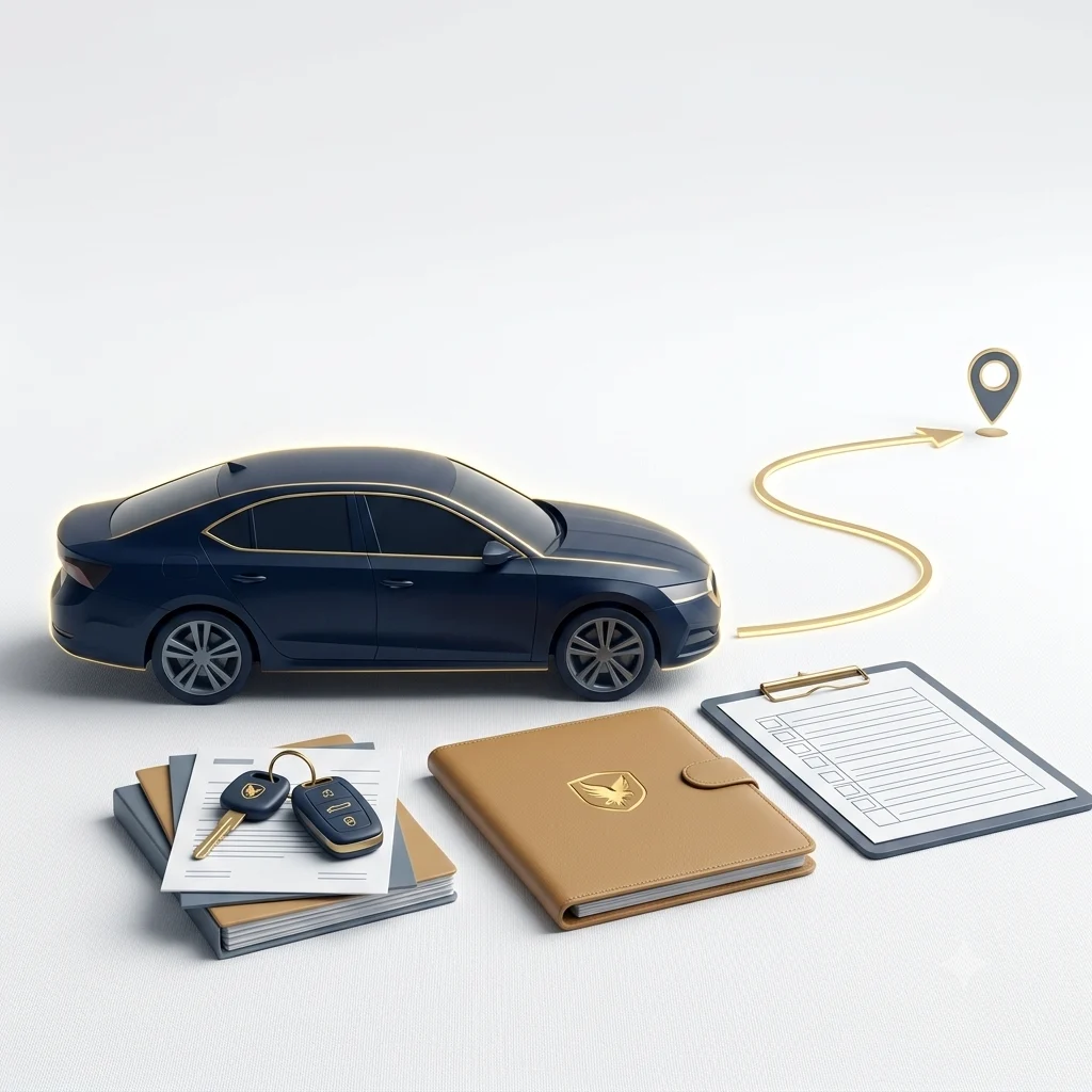 Visual illustration showing essential preparation items for vehicle transit, including vehicle keys, paperwork folders, and a destination map pin.