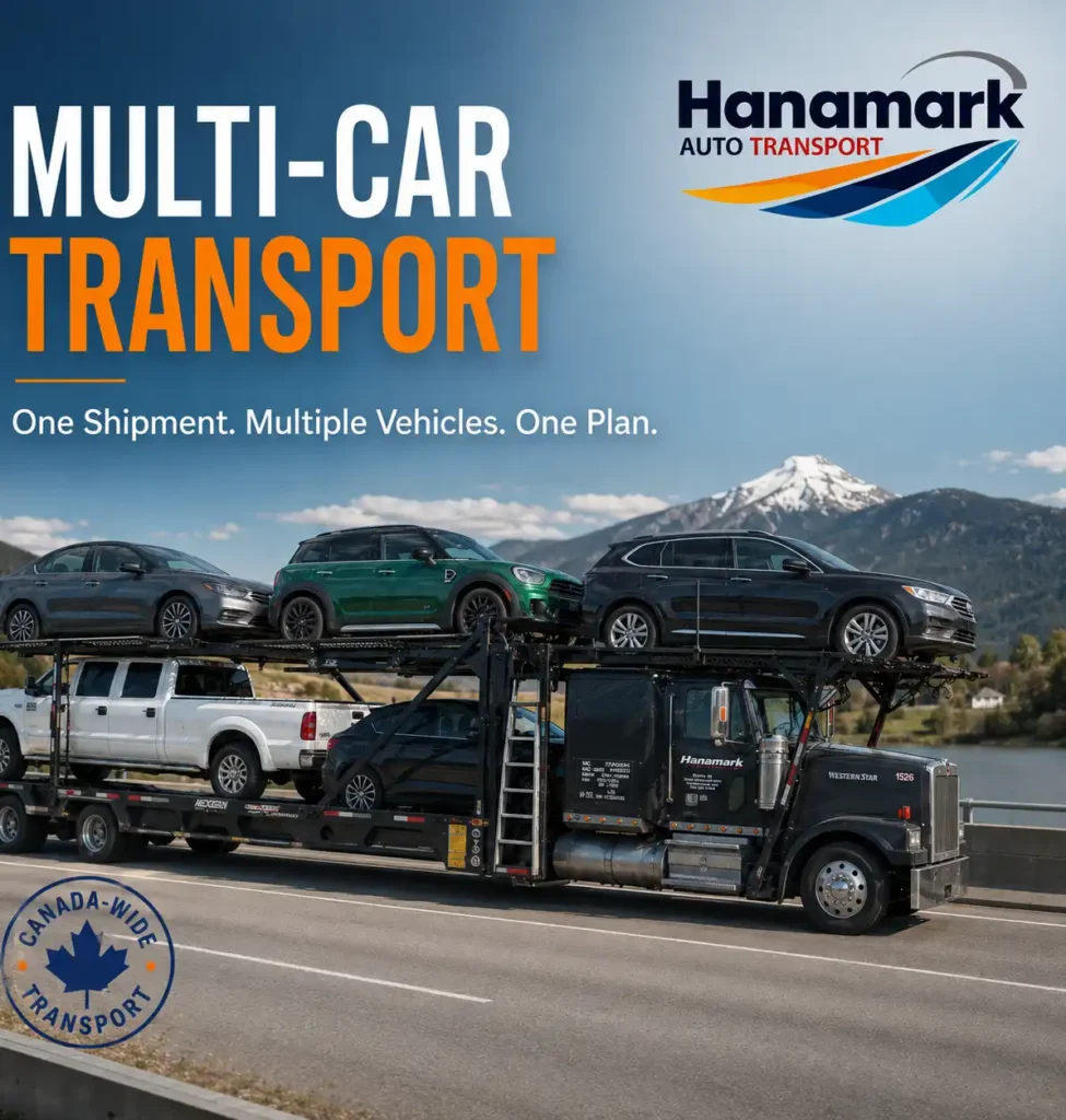 Hanamark open car carrier loaded with multiple vehicles for a combined shipment across Canada